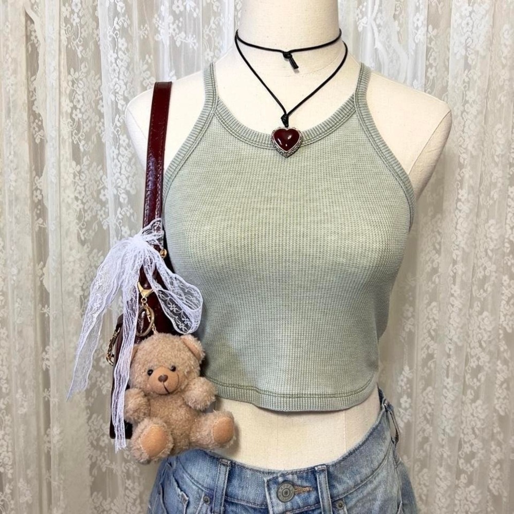 American Eagle Green‎ Tank Top Cropped Womens Large Preppy Granola Fairy
